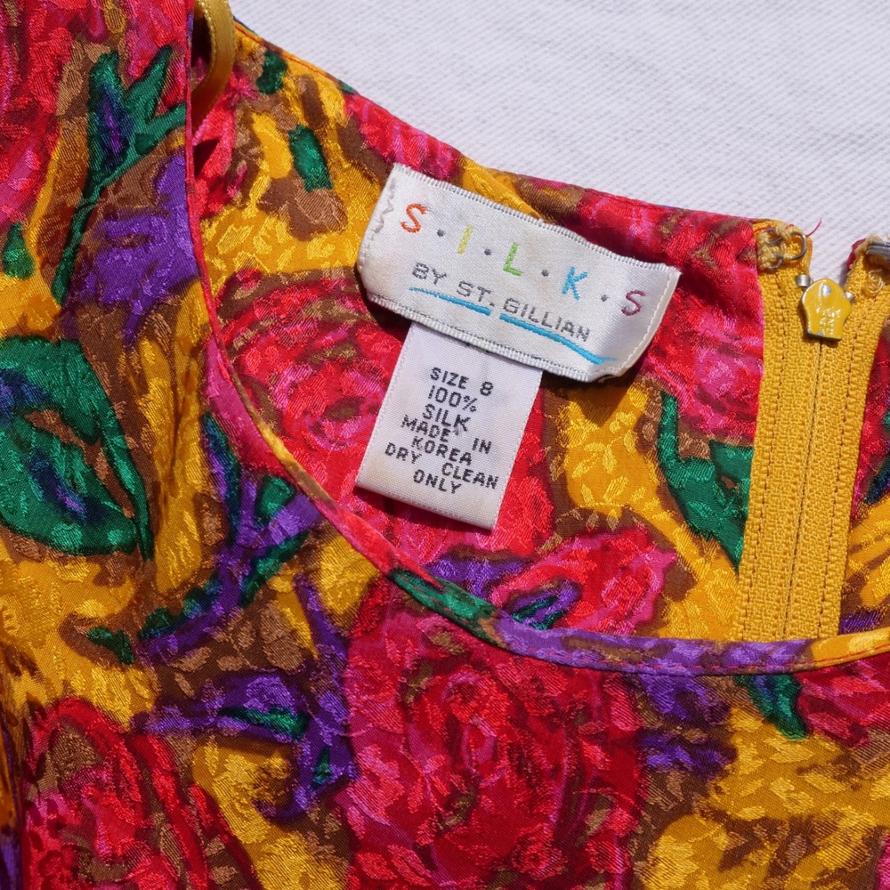 Fun wild vintage 90s Silks by St. Gillian floral silk ruffle skirt party dress - Picture 7 of 8